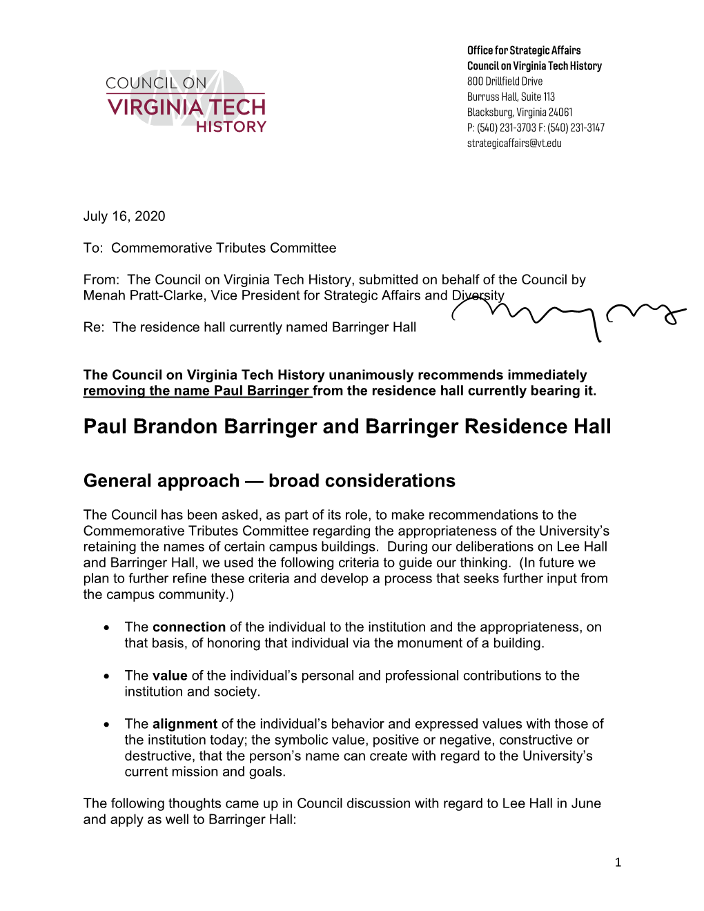 Council on Virginia Tech History Report on Barringer Hall