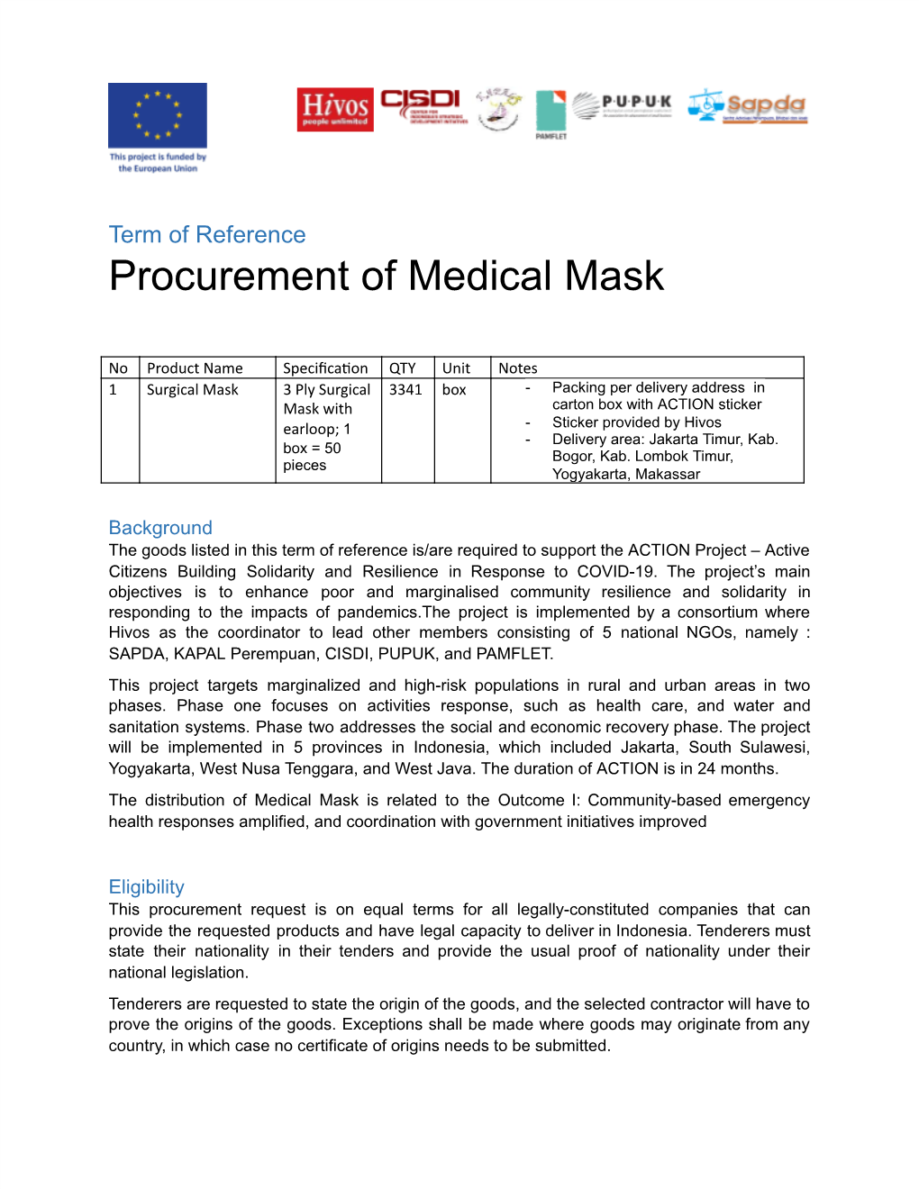 Term of Reference Procurement of Medical Mask