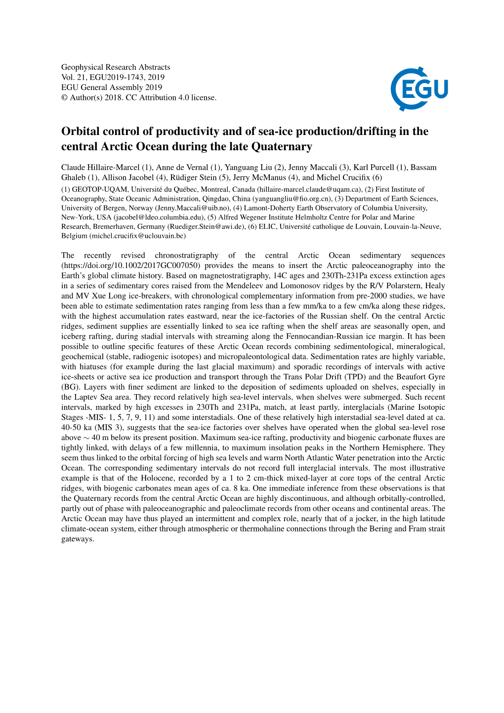 Orbital Control of Productivity and of Sea-Ice Production/Drifting in the Central Arctic Ocean During the Late Quaternary