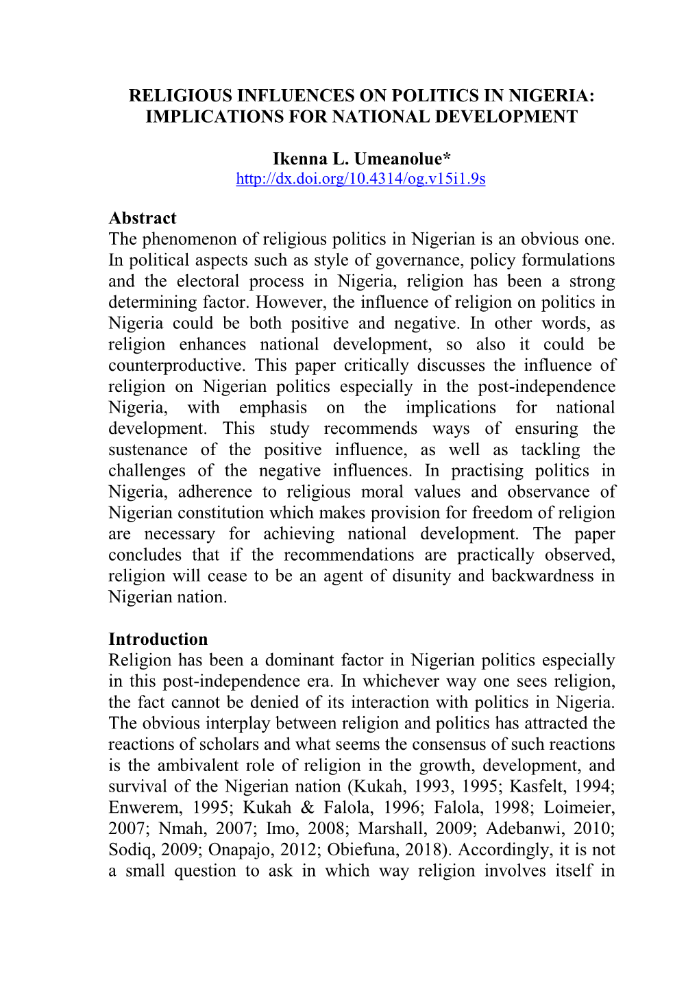 Religious Influences on Politics in Nigeria: Implications for National Development