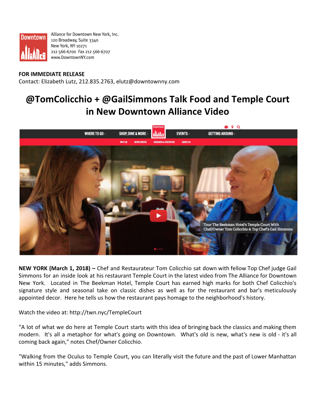 @Tomcolicchio + @Gailsimmons Talk Food and Temple Court in New Downtown Alliance Video