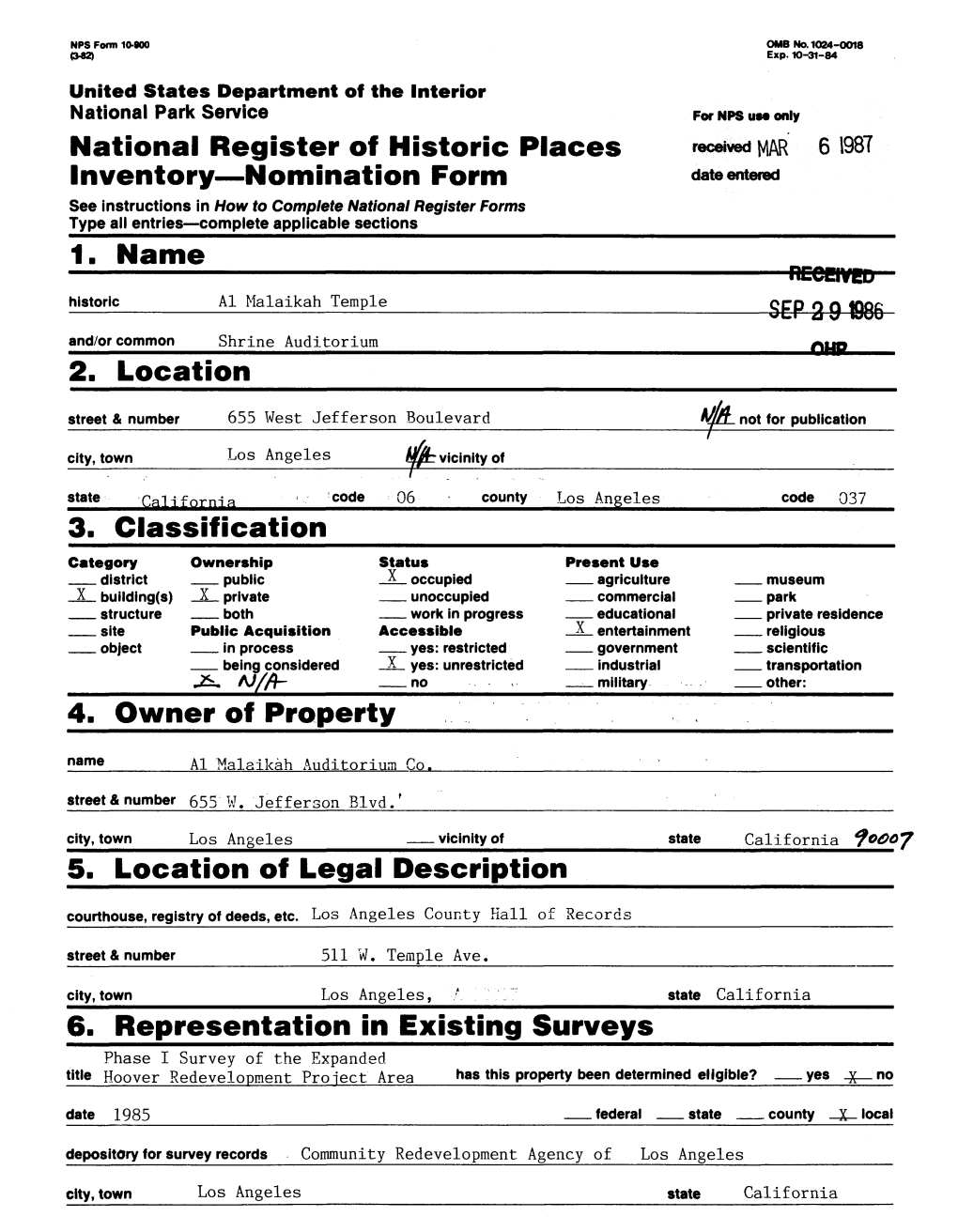 National Register of Historic Inventory—Nomination Form 1. Name 2