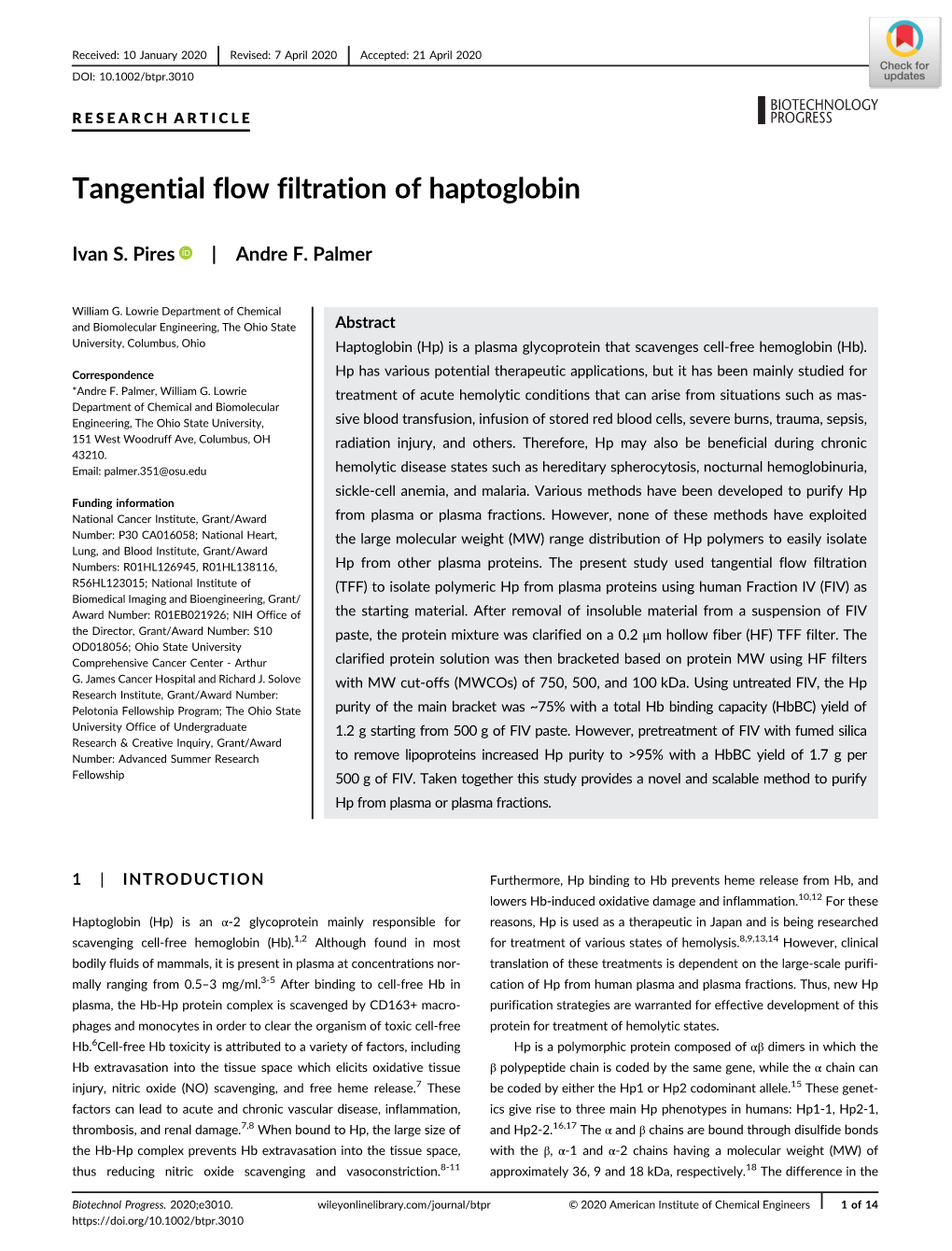 Tangential Flow Filtration of Haptoglobin