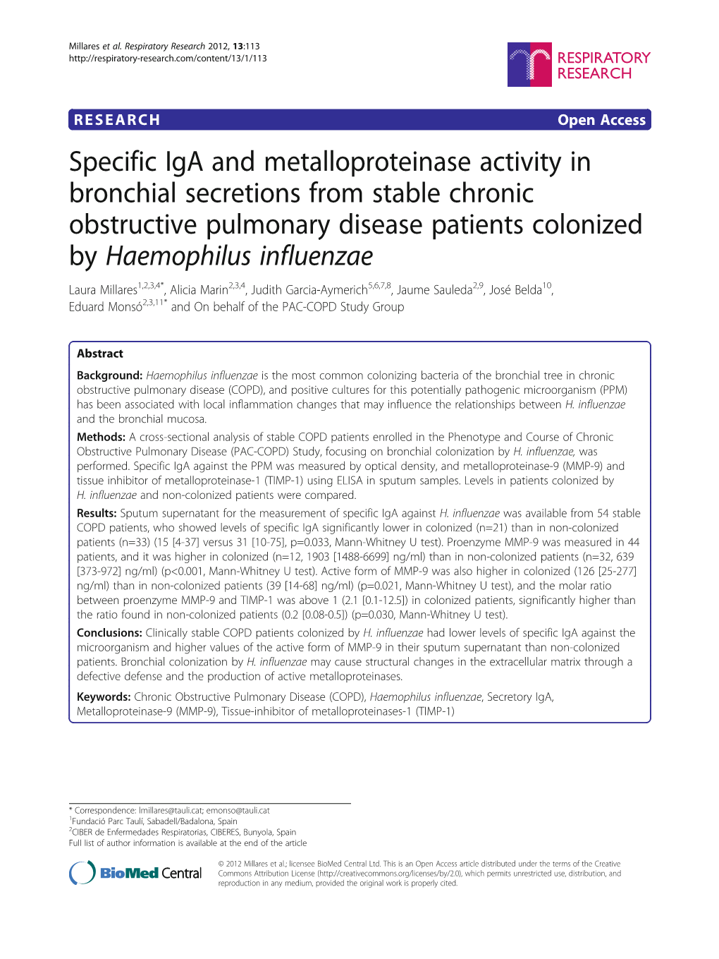 Specific Iga and Metalloproteinase Activity in Bronchial Secretions from Stable Chronic Obstructive Pulmonary Disease Patients C