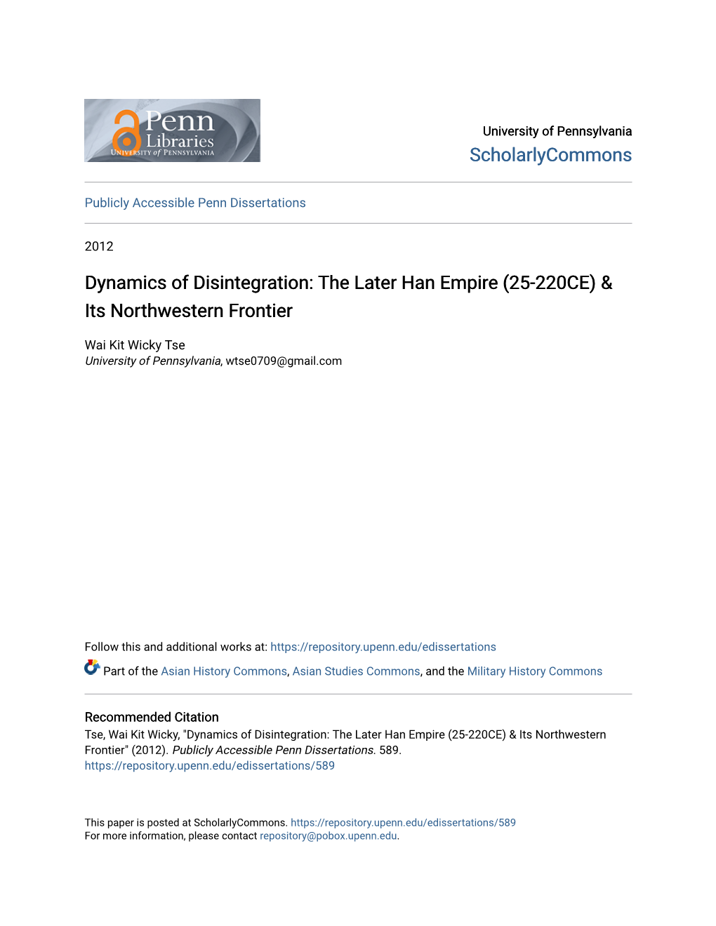 The Later Han Empire (25-220CE) & Its Northwestern Frontier