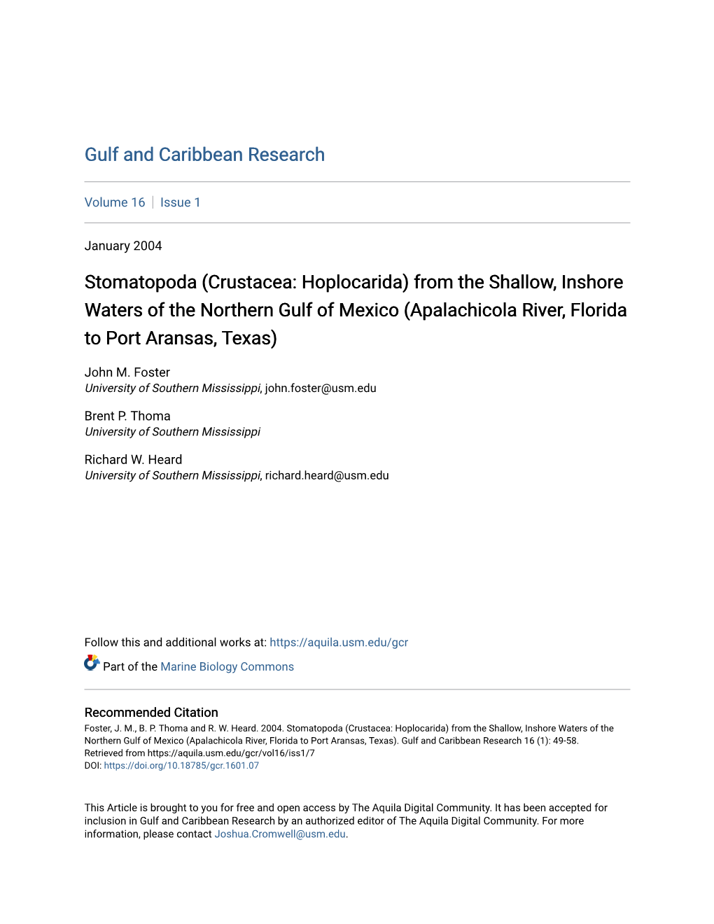 Stomatopoda (Crustacea: Hoplocarida) from the Shallow, Inshore Waters of the Northern Gulf of Mexico (Apalachicola River, Florida to Port Aransas, Texas)