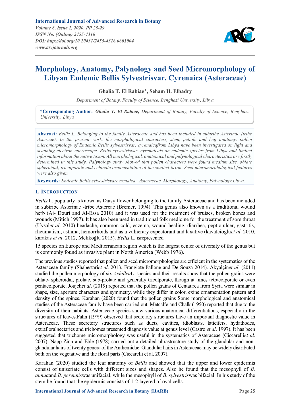 Morphology, Anatomy, Palynology and Seed Micromorphology of Libyan Endemic Bellis Sylvestrisvar. Cyrenaica (Asteraceae)