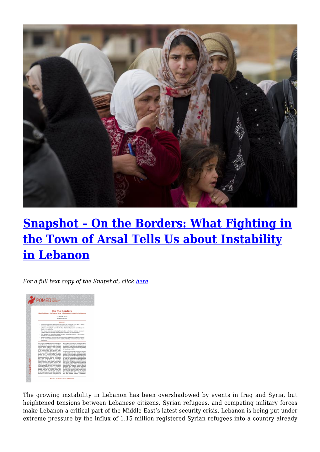 Snapshot – on the Borders: What Fighting in the Town of Arsal Tells Us About Instability in Lebanon