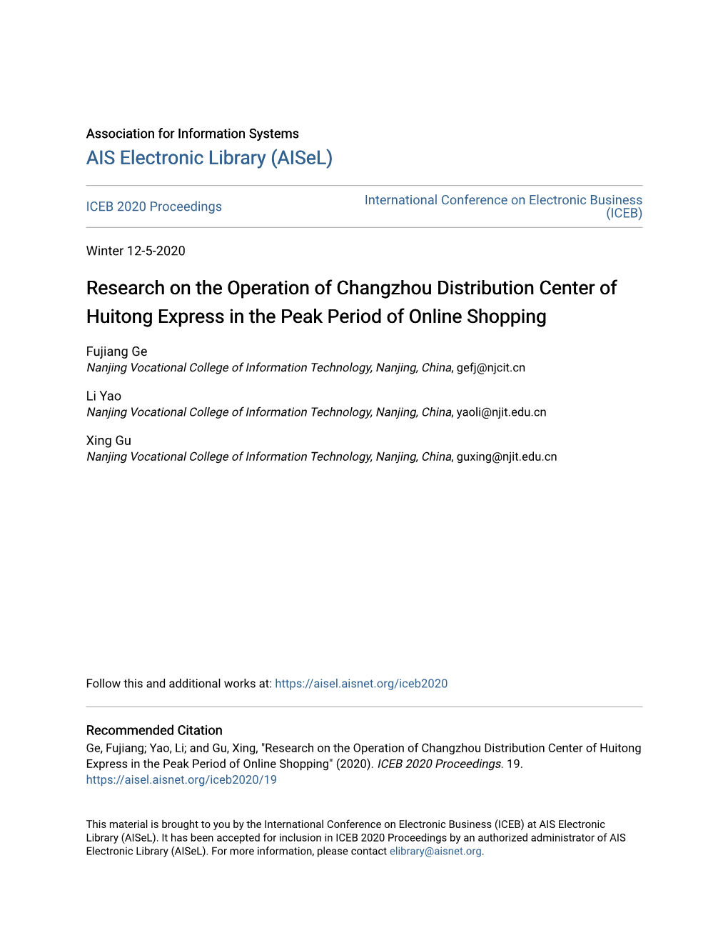 Research on the Operation of Changzhou Distribution Center of Huitong Express in the Peak Period of Online Shopping