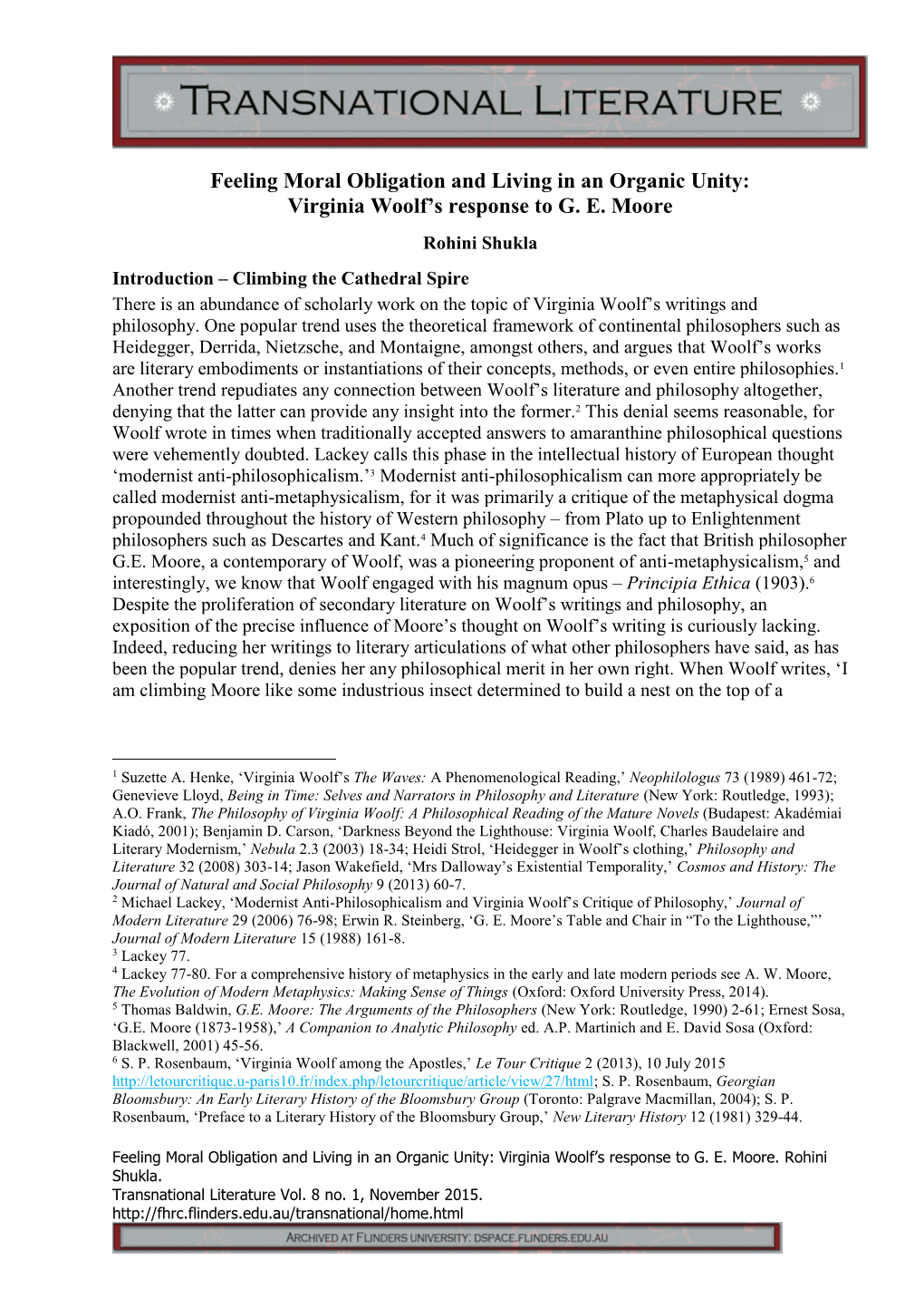 Feeling Moral Obligation and Living in an Organic Unity: Virginia Woolf’S Response to G