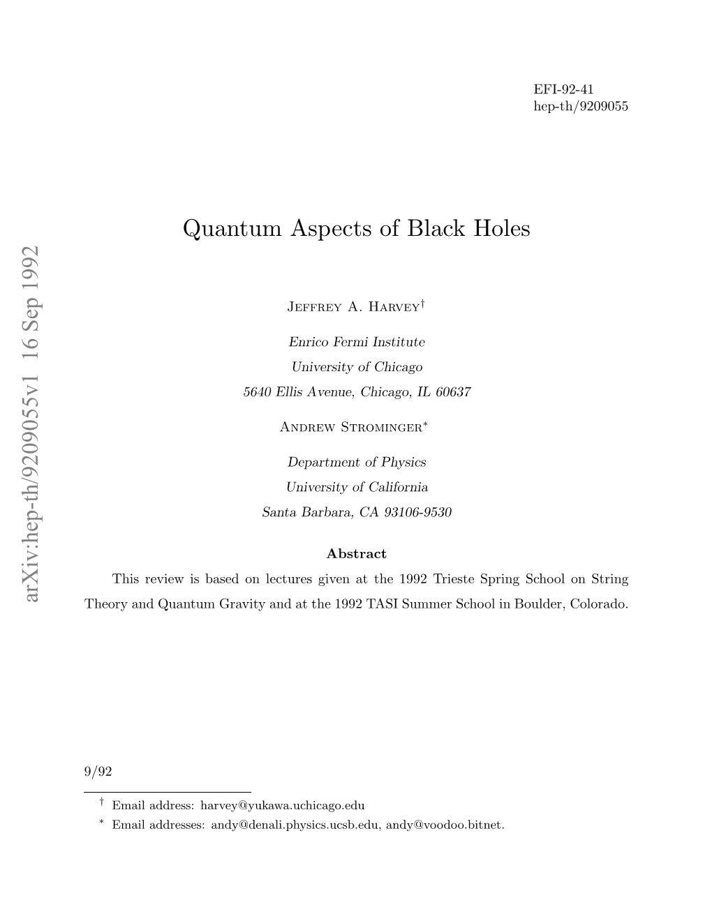 Arxiv:Hep-Th/9209055V1 16 Sep 1992 Quantum Aspects of Black Holes