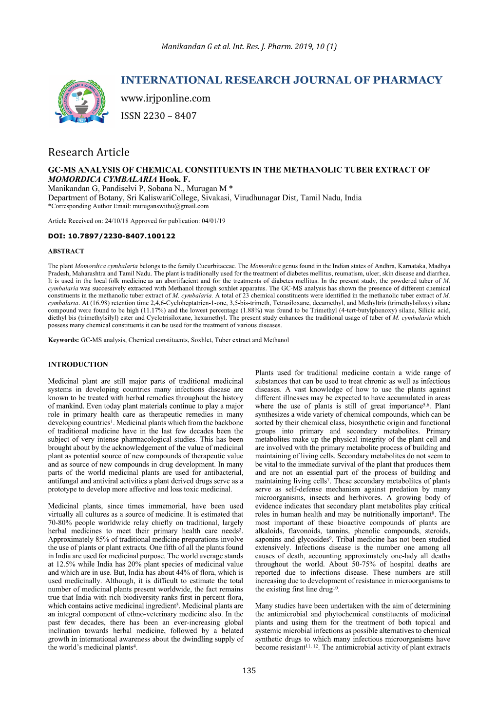 GC-MS ANALYSIS of CHEMICAL CONSTITUENTS in the METHANOLIC TUBER EXTRACT of MOMORDICA CYMBALARIA Hook