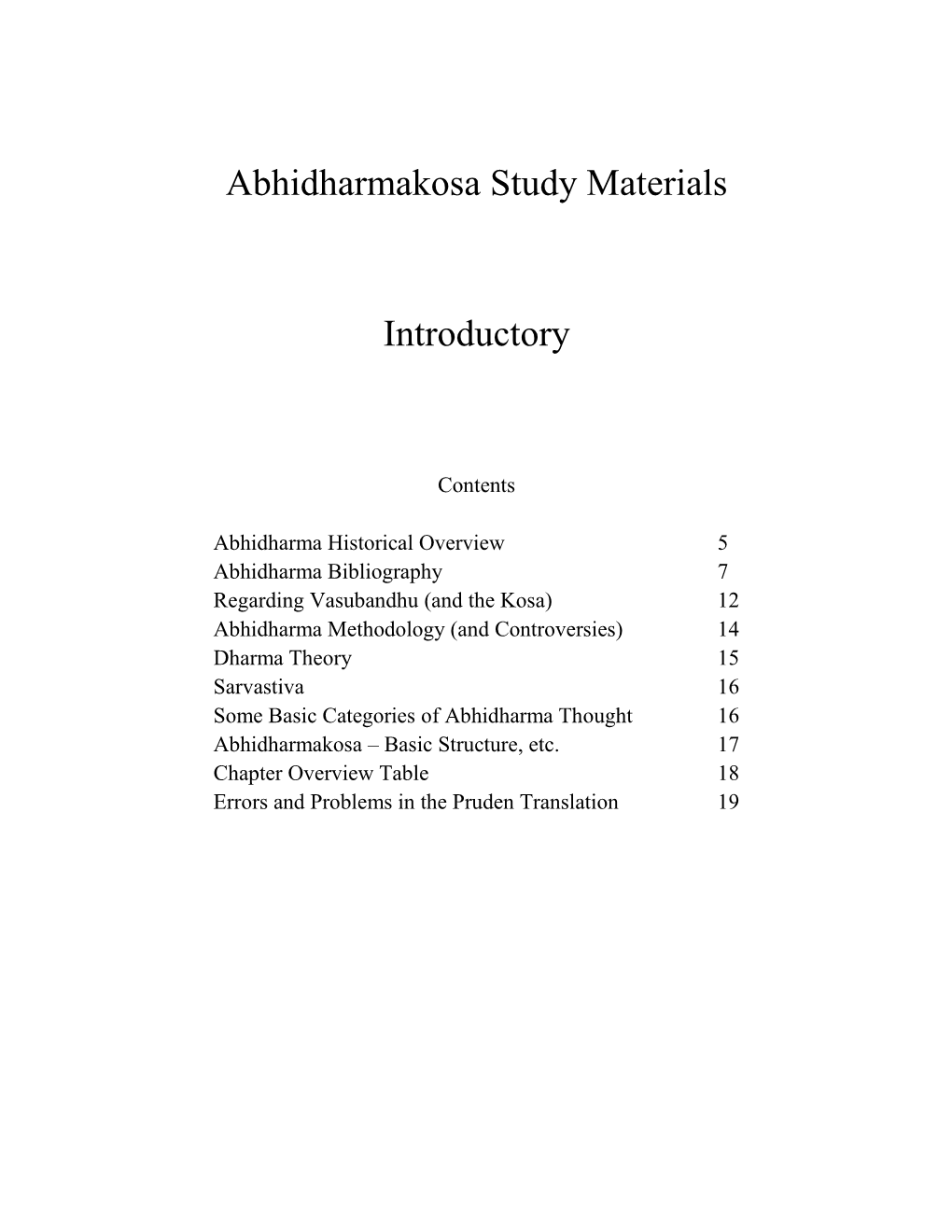 Abhidharmakosa Study Materials Introductory