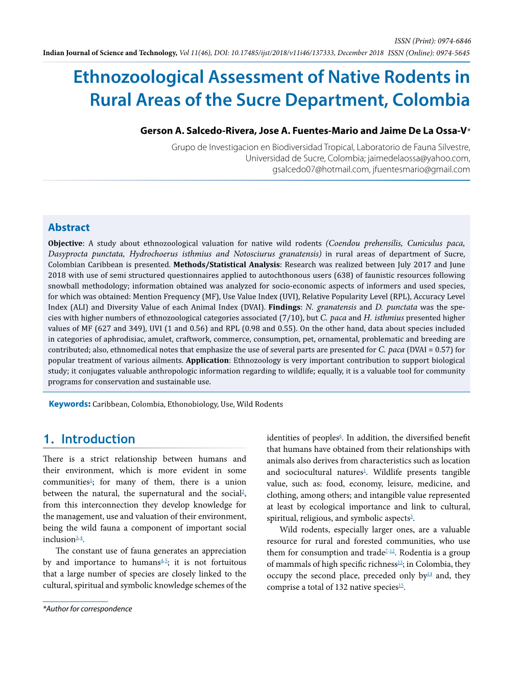 Ethnozoological Assessment of Native Rodents in Rural Areas of the Sucre Department, Colombia