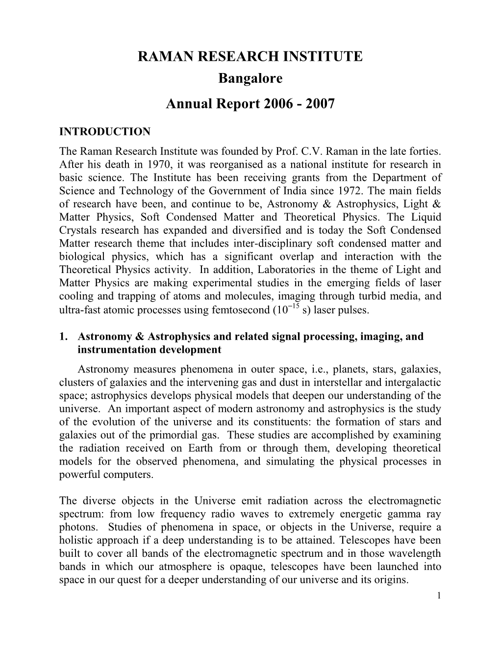 RAMAN RESEARCH INSTITUTE Bangalore Annual Report 2006 - 2007