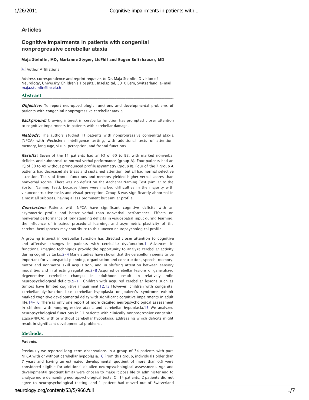 Cognitive Impairments in Patients with Congenital Nonprogressive Cerebellar Ataxia