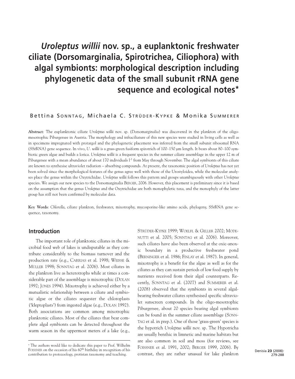 Uroleptus Willii Nov. Sp., a Euplanktonic Freshwater Ciliate