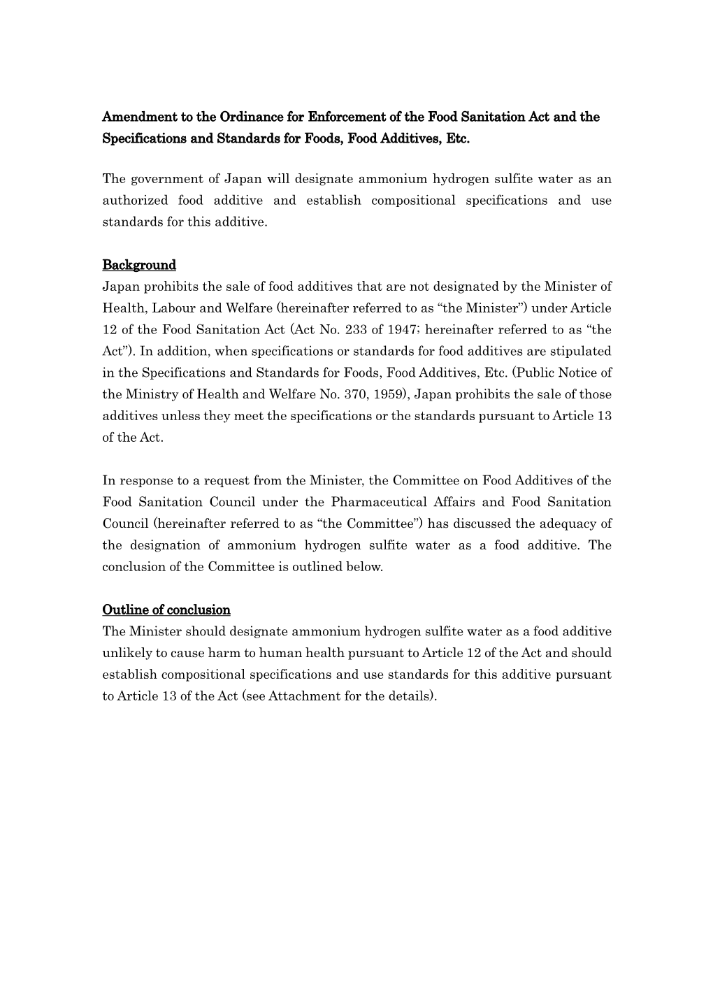 Ammonium Hydrogen Sulfite Water As an Authorized Food Additive and Establish Compositional Specifications and Use Standards for This Additive