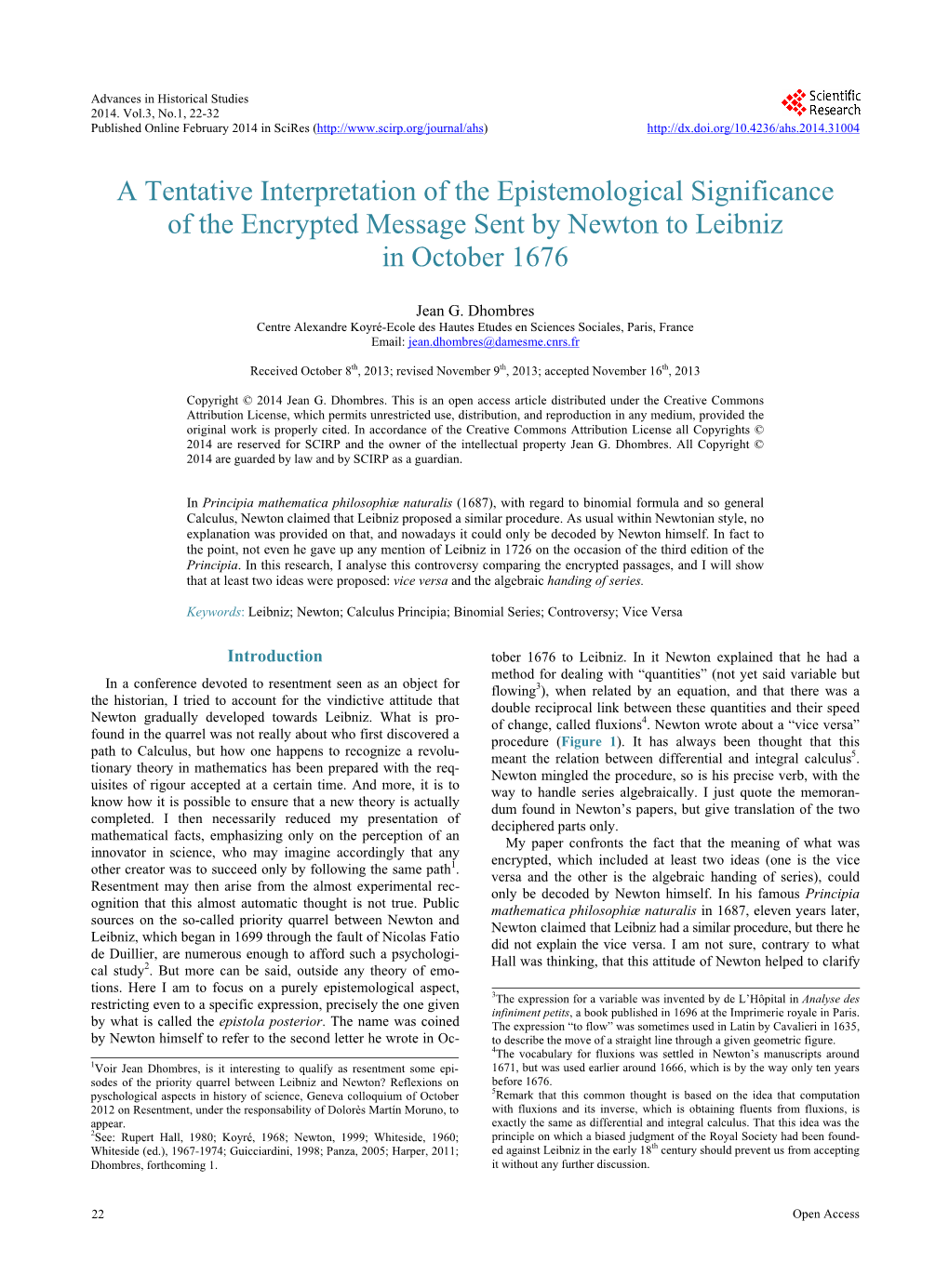 A Tentative Interpretation of the Epistemological Significance of the Encrypted Message Sent by Newton to Leibniz in October 1676