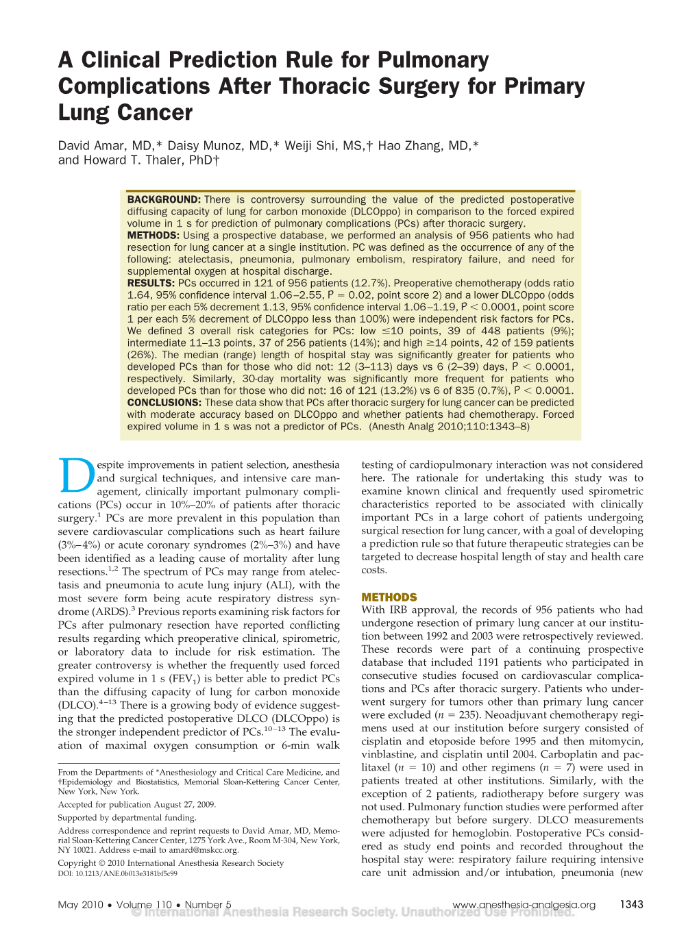 A Clinical Prediction Rule for Pulmonary Complications After Thoracic Surgery for Primary Lung Cancer