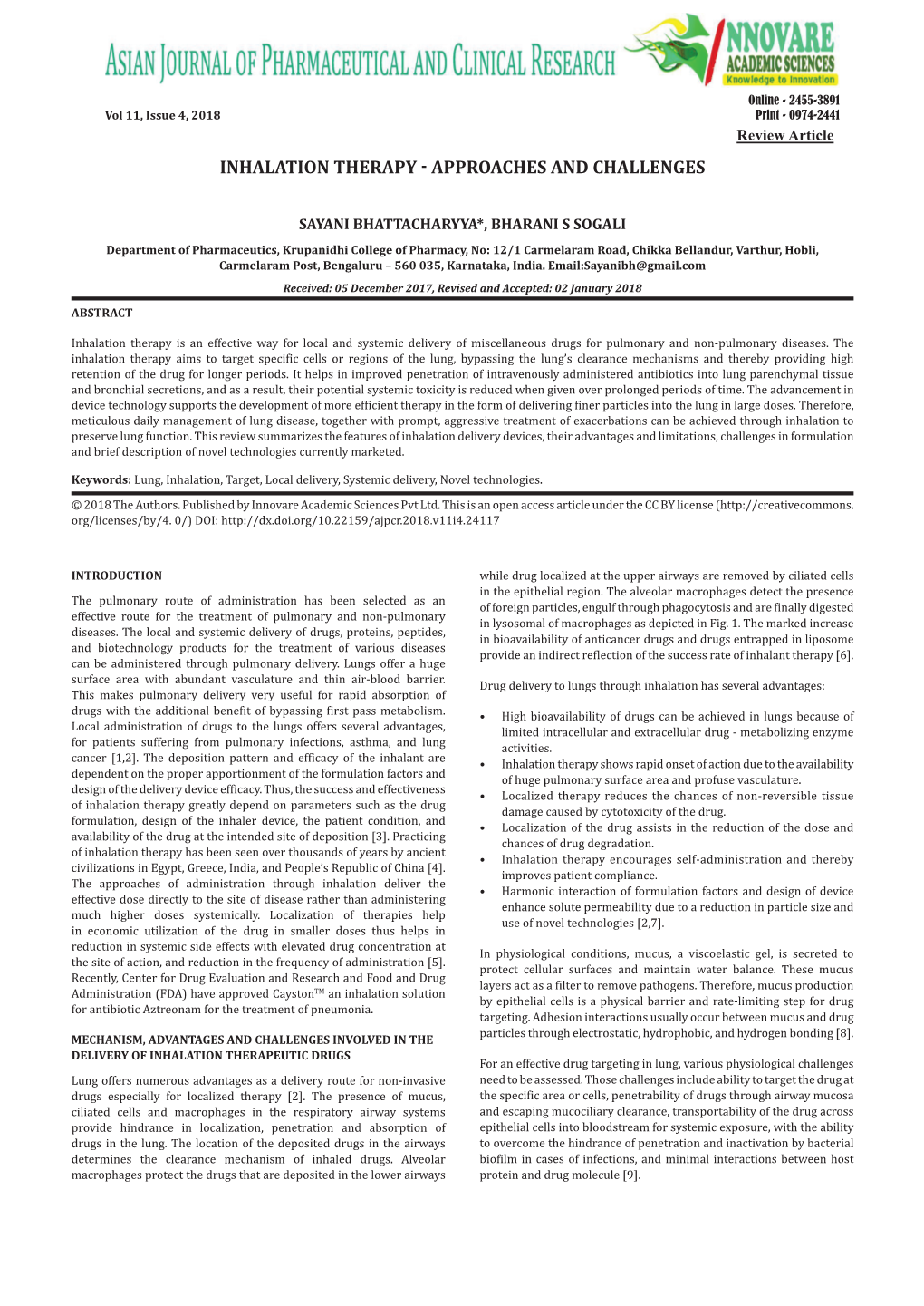 Inhalation Therapy - Approaches and Challenges