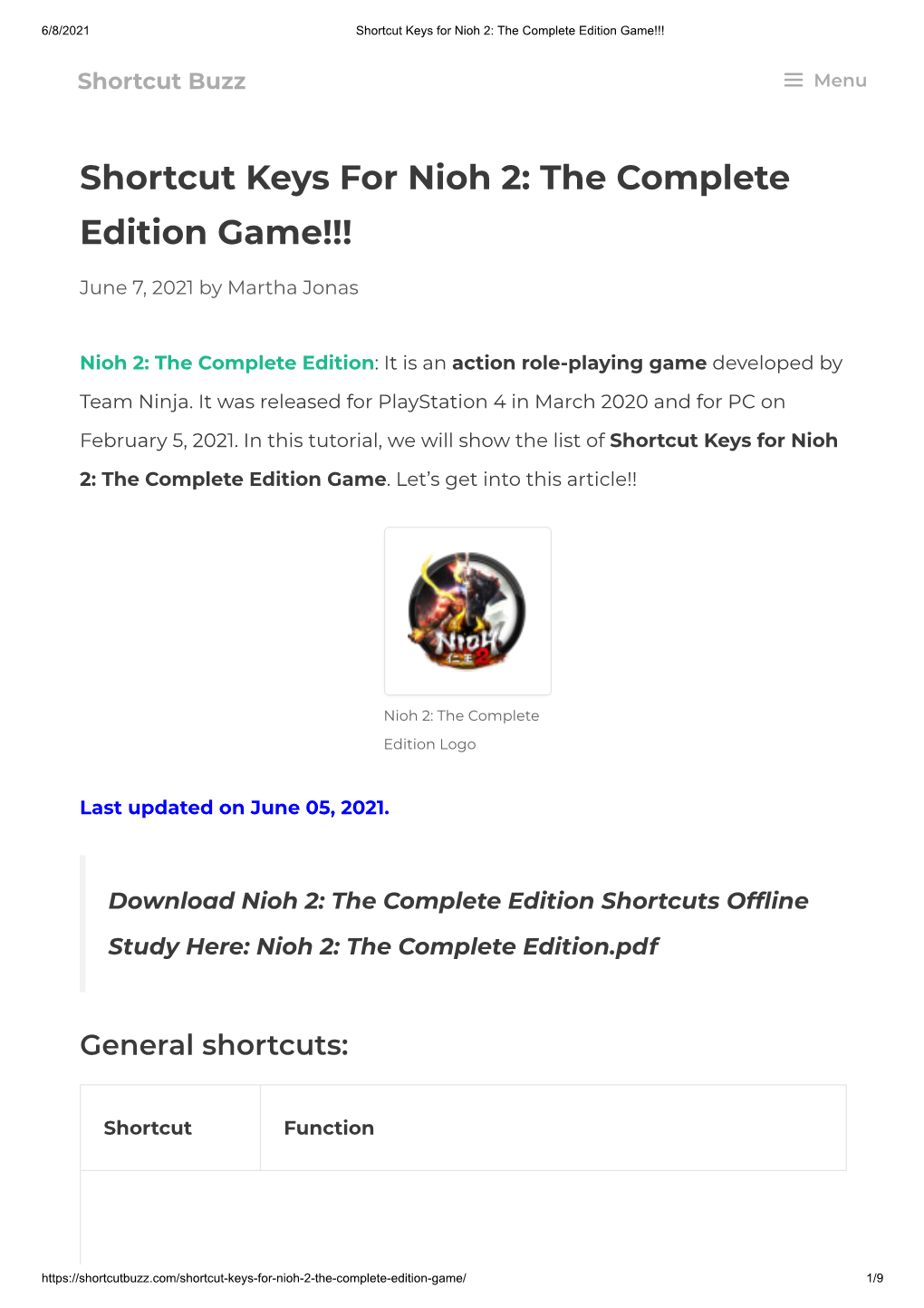 Shortcut Keys for Nioh 2: the Complete Edition Game!!!