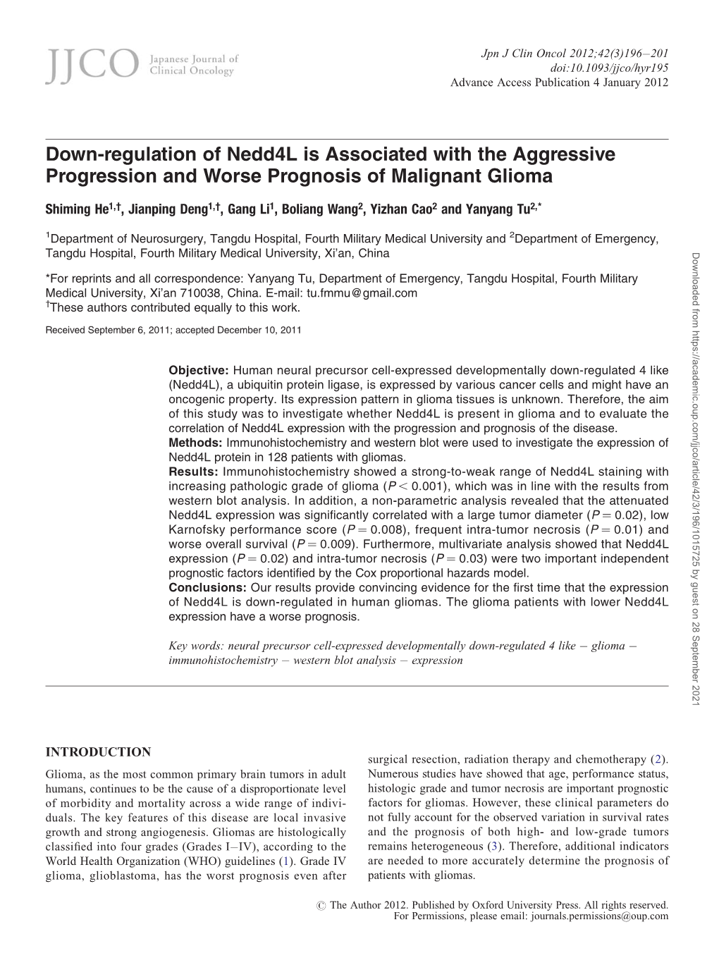 Down-Regulation of Nedd4l Is Associated with the Aggressive Progression and Worse Prognosis of Malignant Glioma