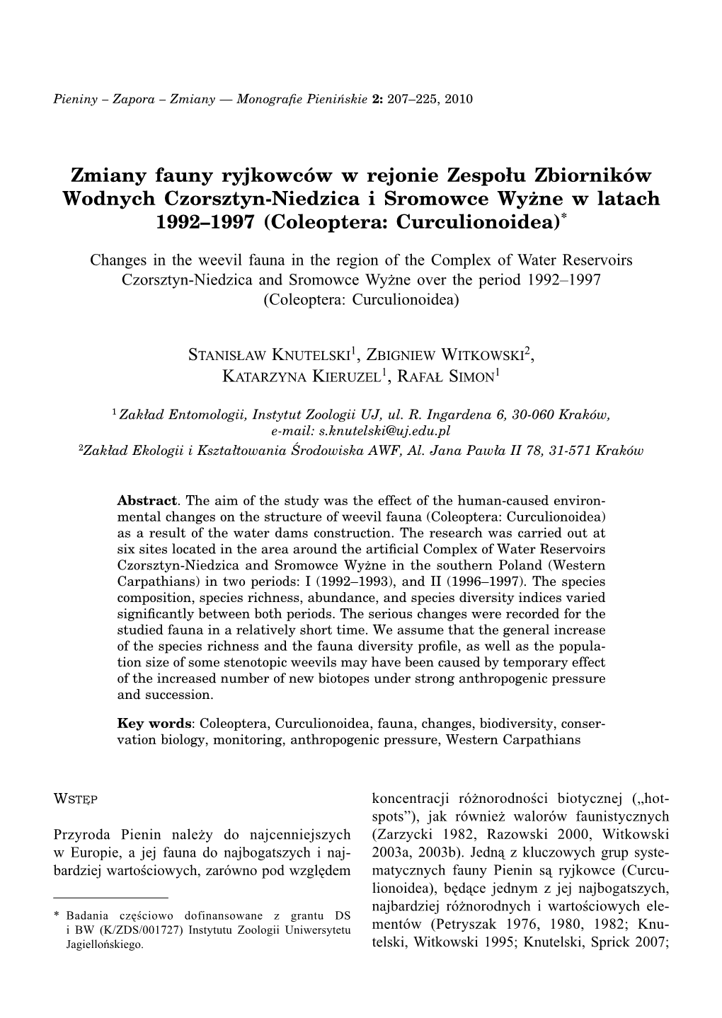 Zmiany Fauny Ryjkowców W Rejonie Zespołu Zbiorników Wodnych Czorsztyn-Niedzica I Sromowce Wyżne W Latach 1992–1997 (Coleoptera: Curculionoidea)*