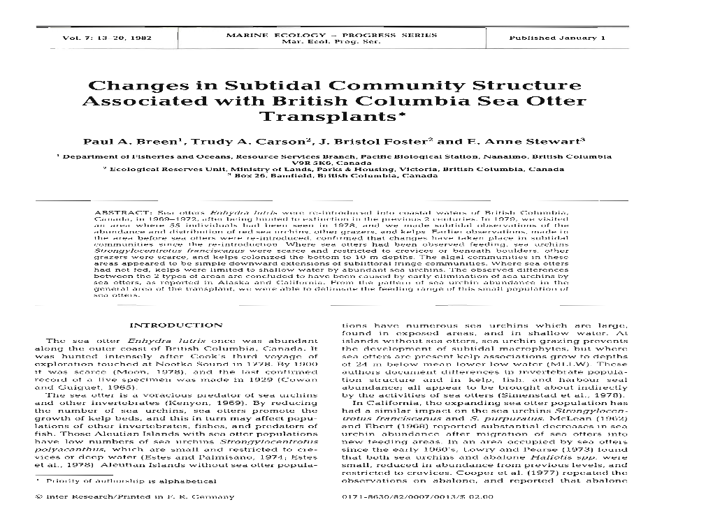 Changes in Subtidal Community Structure Associated with British Columbia Sea Otter Transplants*