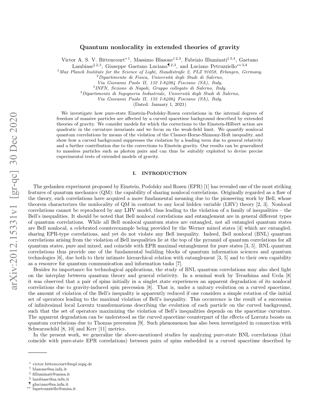 Arxiv:2012.15331V1 [Gr-Qc] 30 Dec 2020 Correlations Due to Gravity-Induced Spin Precession [8]