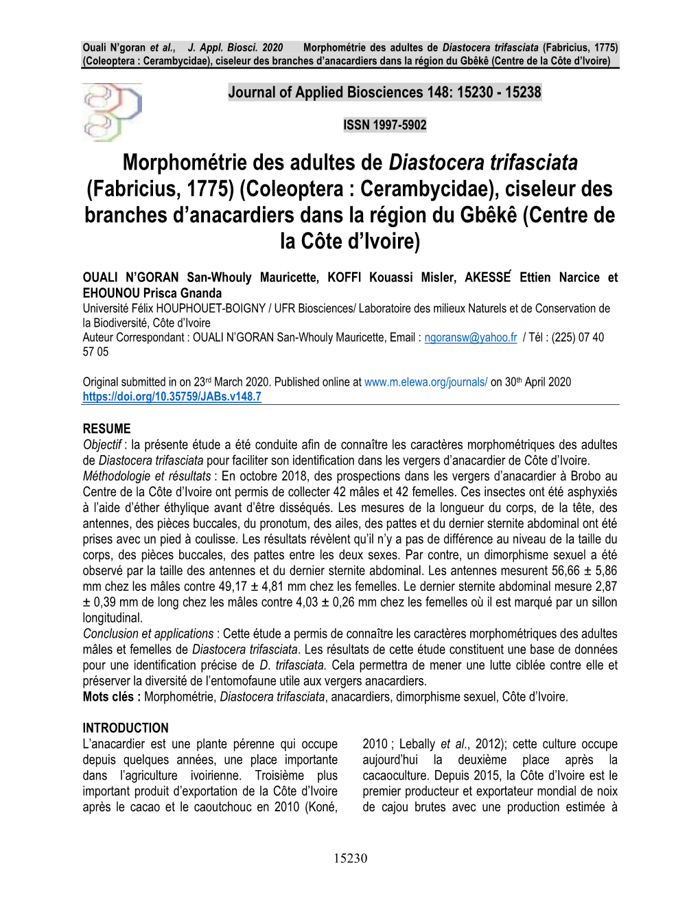 Morphométrie Des Adultes De Diastocera Trifasciata (Fabricius