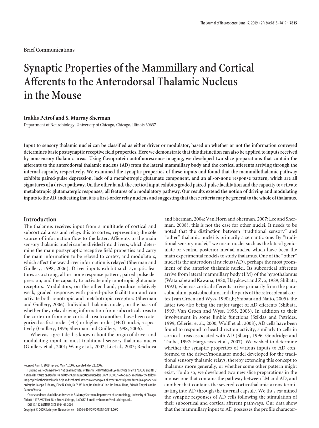 Synaptic Properties of the Mammillary and Cortical Afferents to the Anterodorsal Thalamic Nucleus in the Mouse