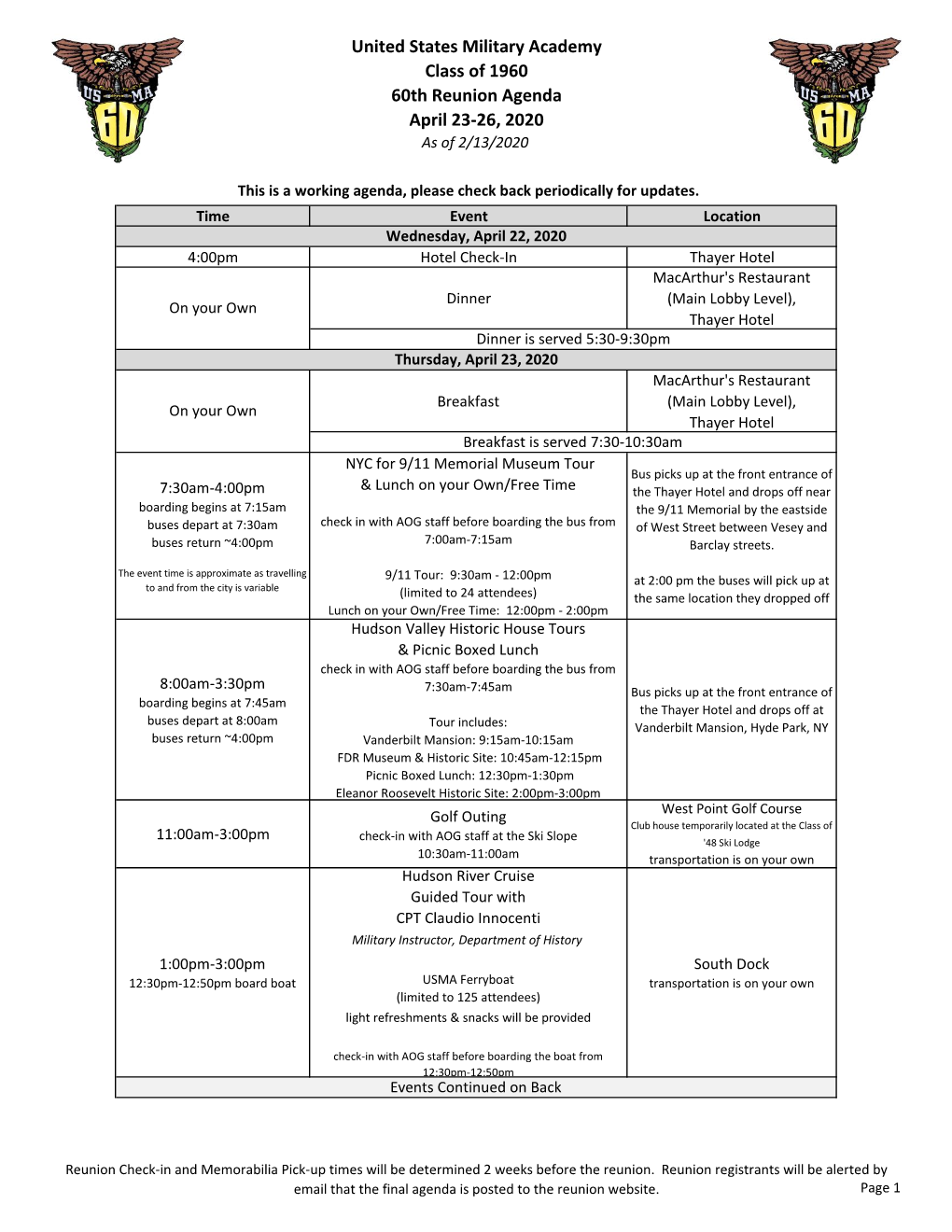 United States Military Academy Class of 1960 60Th Reunion Agenda April 23-26, 2020 As of 2/13/2020