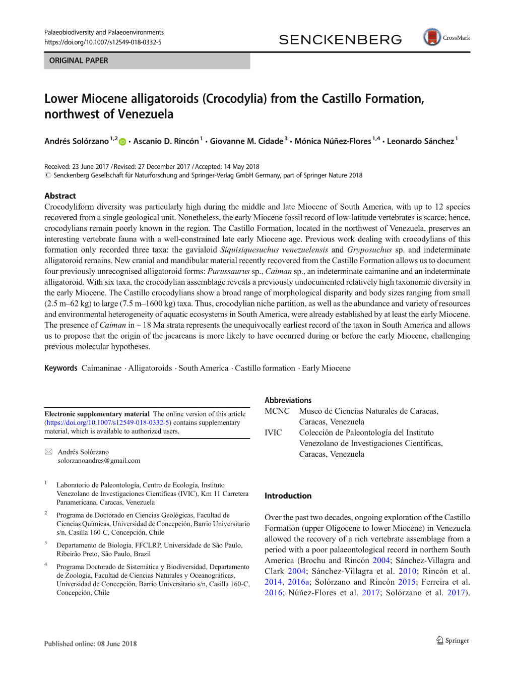 Lower Miocene Alligatoroids (Crocodylia) from the Castillo Formation, Northwest of Venezuela