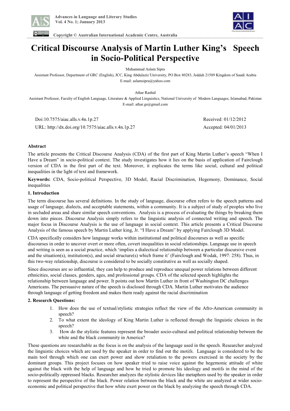 Critical Discourse Analysis of Martin Luther King's Speech in Socio