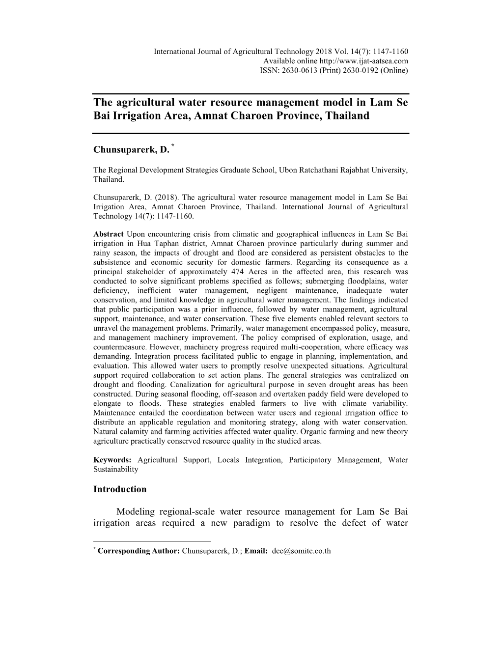 The Agricultural Water Resource Management Model in Lam Se Bai Irrigation Area, Amnat Charoen Province, Thailand