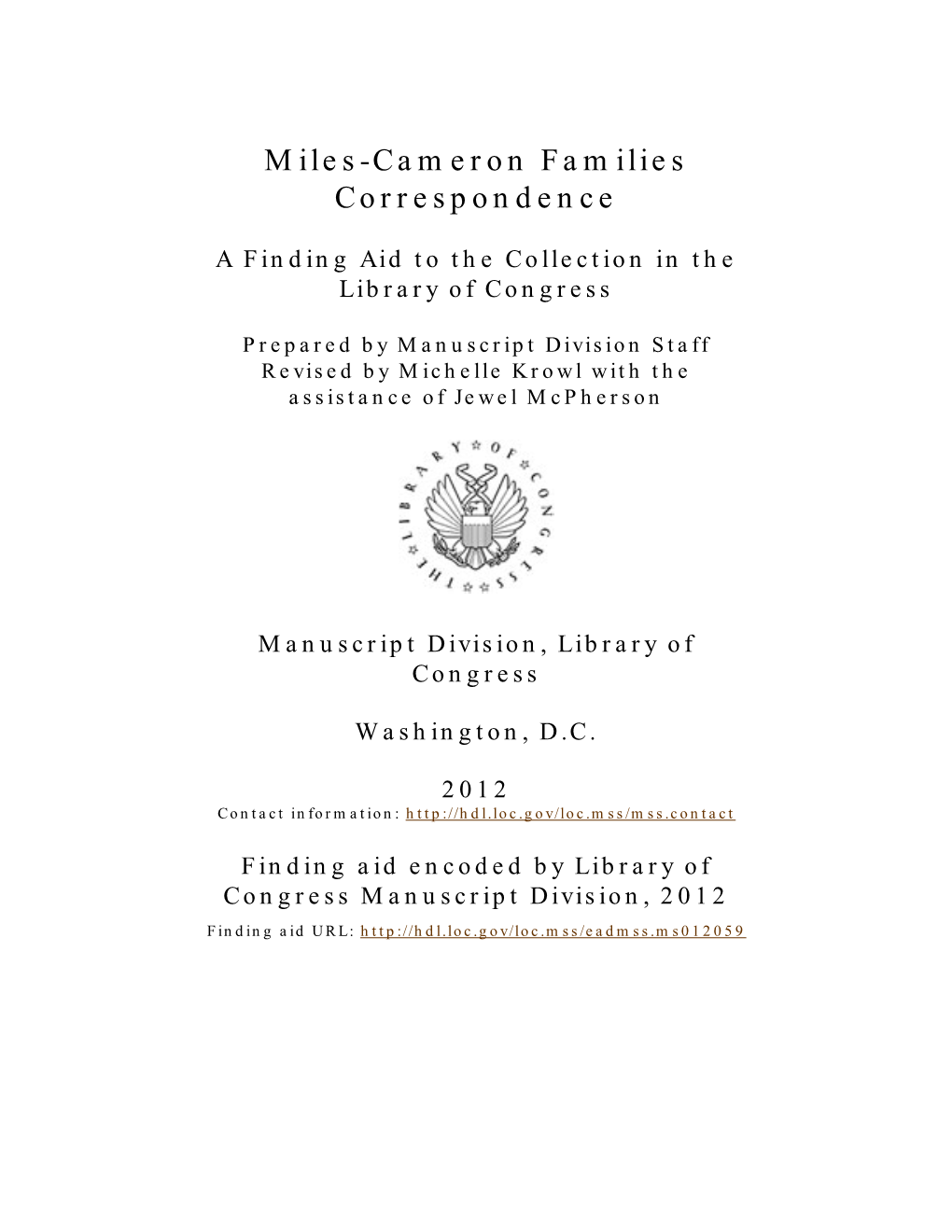 Miles-Cameron Families Correspondence [Finding Aid