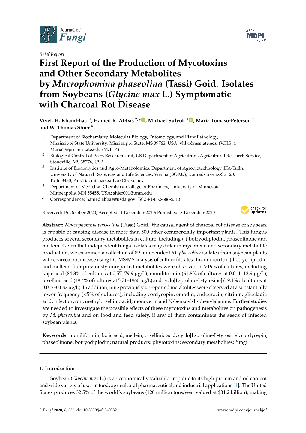 First Report of the Production of Mycotoxins and Other Secondary Metabolites by Macrophomina Phaseolina (Tassi) Goid. Isolates F