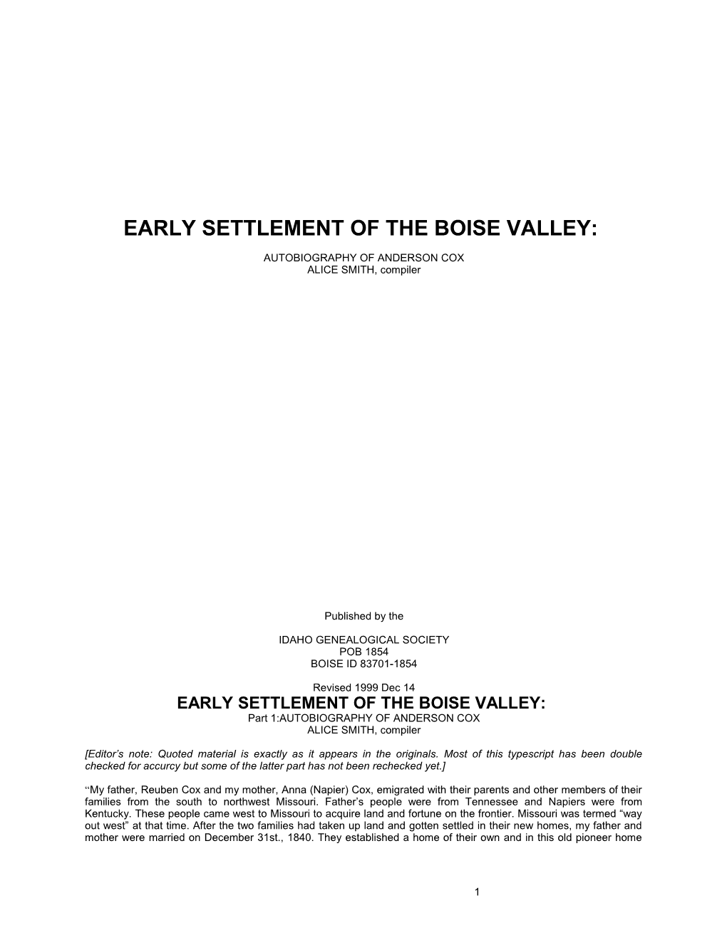 Early Settlement Of The Boise Valley: