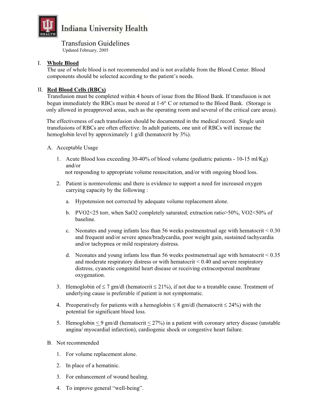 Transfusion Guidelines Updated February, 2005