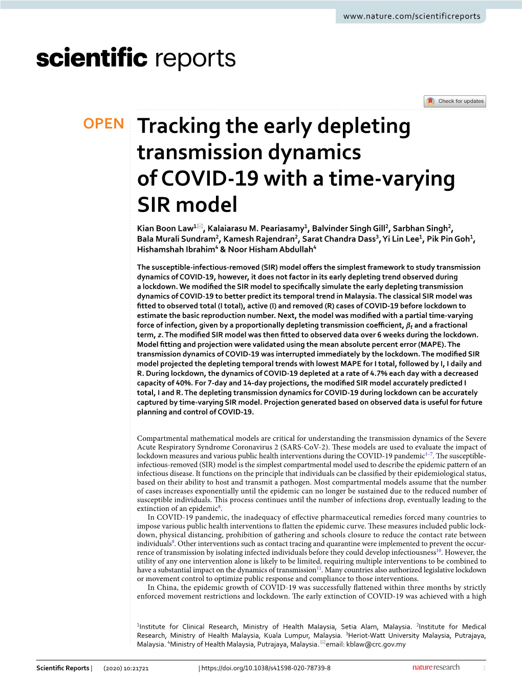 Tracking the Early Depleting Transmission Dynamics of COVID‑19 with a Time‑Varying SIR Model Kian Boon Law1*, Kalaiarasu M