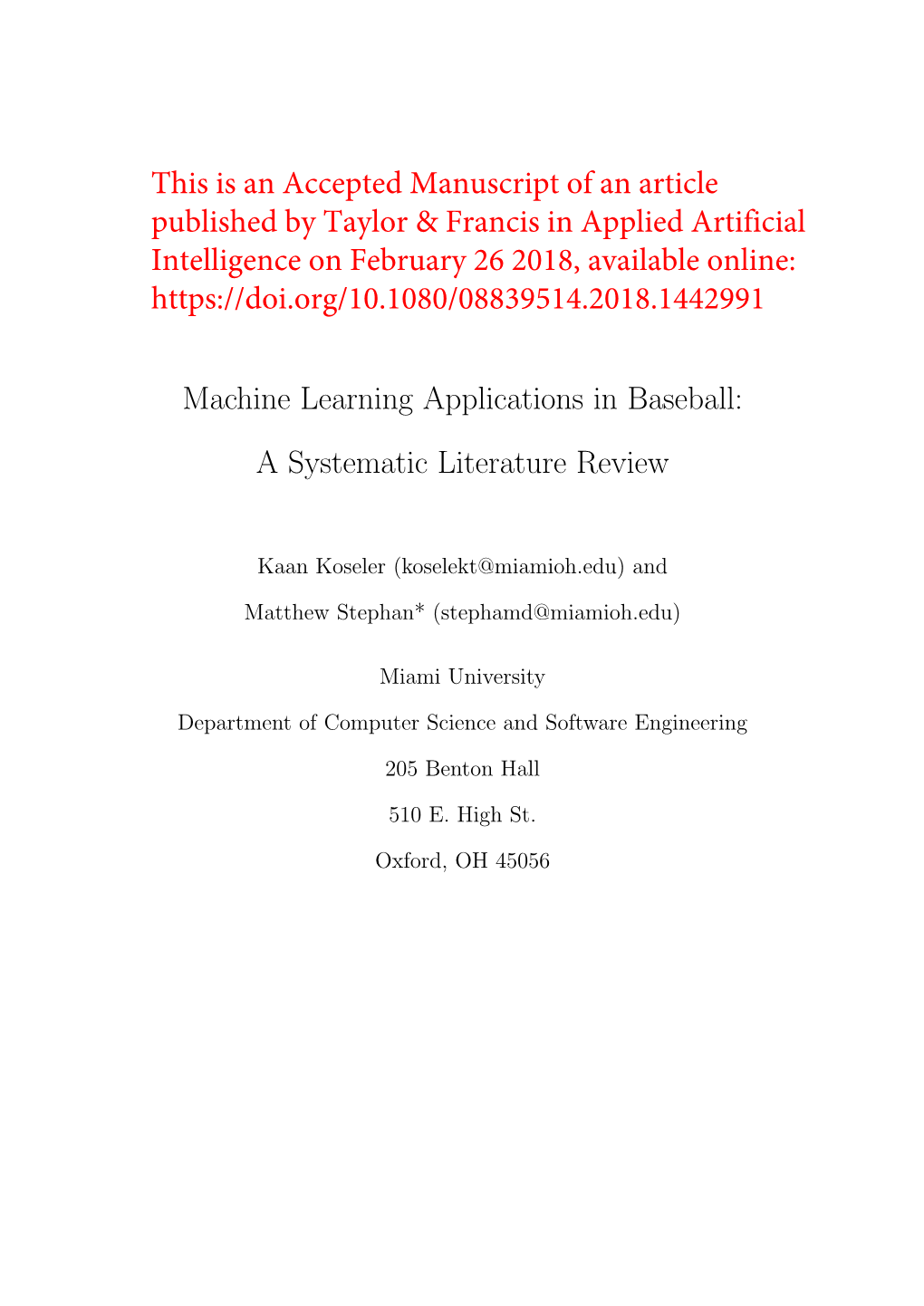 Machine Learning Applications in Baseball: a Systematic Literature Review