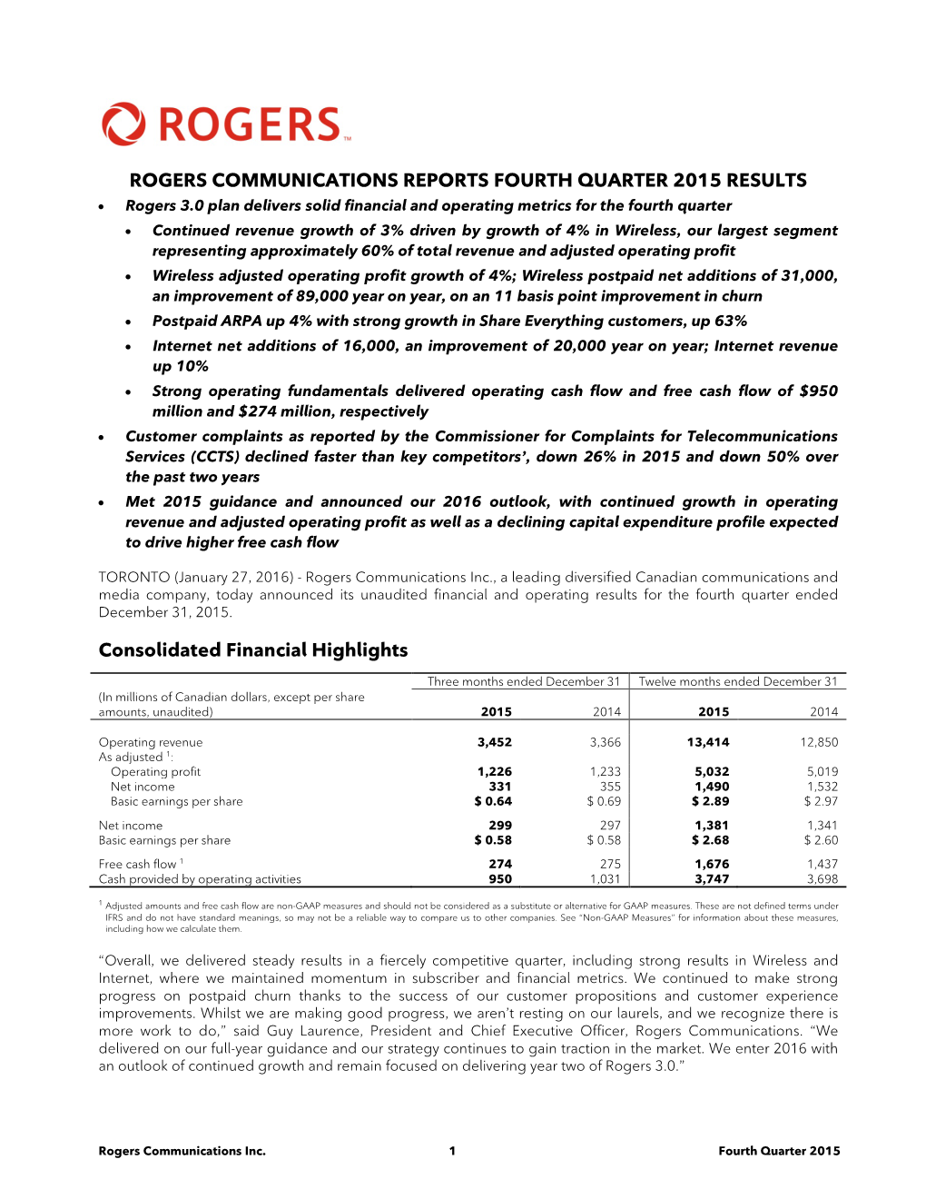 Rogers Communications Reports Fourth Quarter