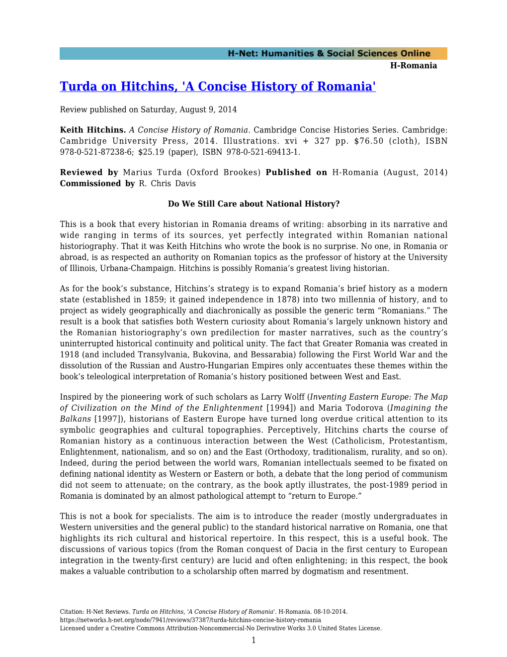 Turda on Hitchins, 'A Concise History of Romania'