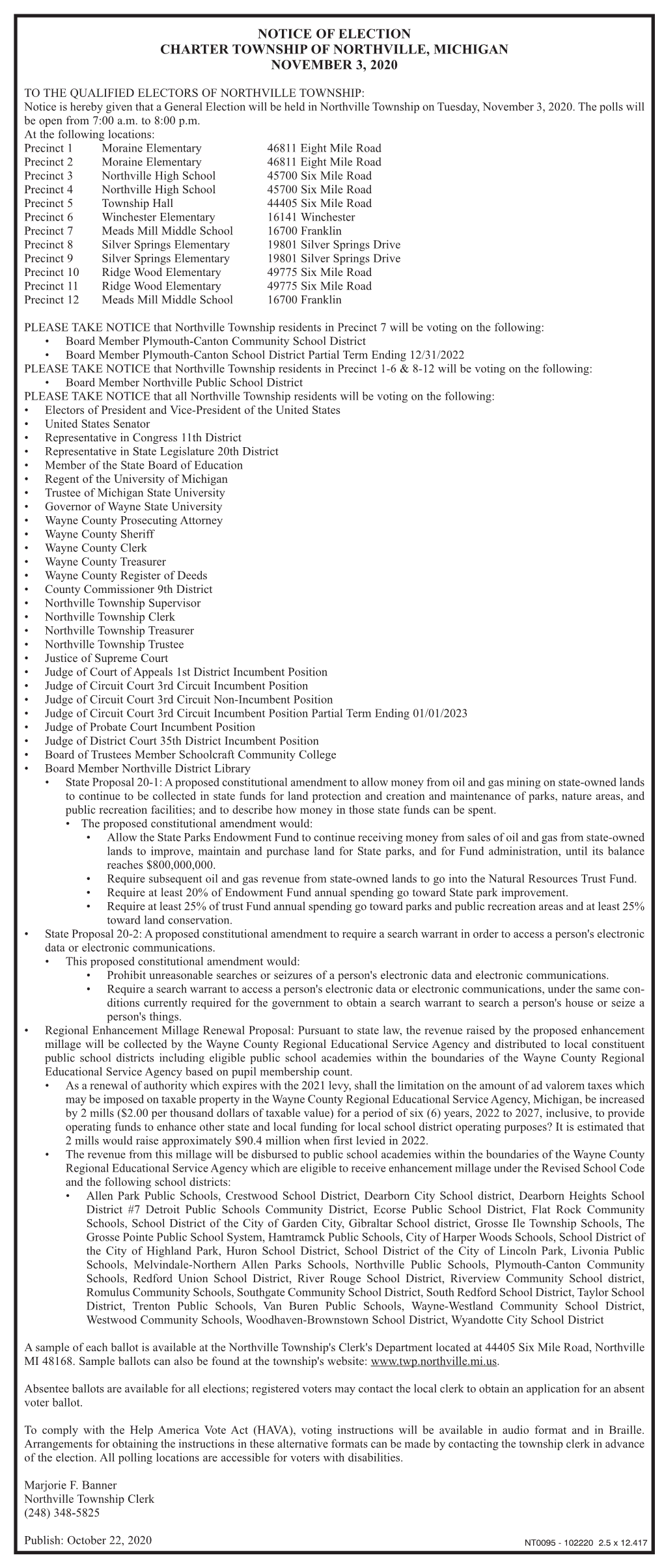 Notice of Election Charter Township of Northville, Michigan November 3, 2020