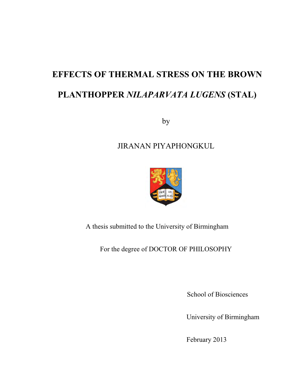 Effects of Thermal Stress on the Brown Planthopper Nilaparvata Lugens