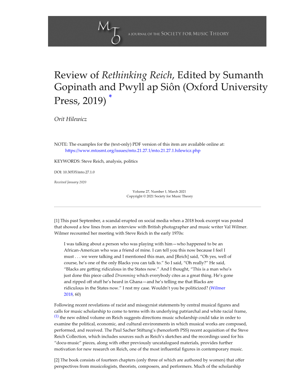 Review of Rethinking Reich, Edited by Sumanth Gopinath and Pwyll Ap Siôn (Oxford University Press, 2019) *