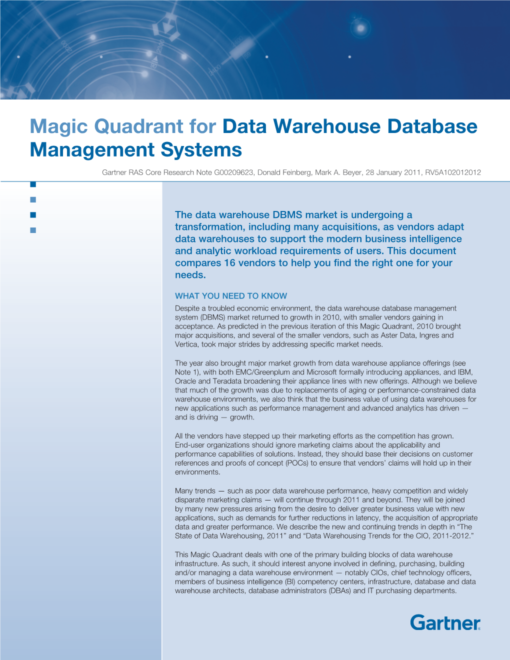 Magic Quadrant for Data Warehouse Database Management Systems