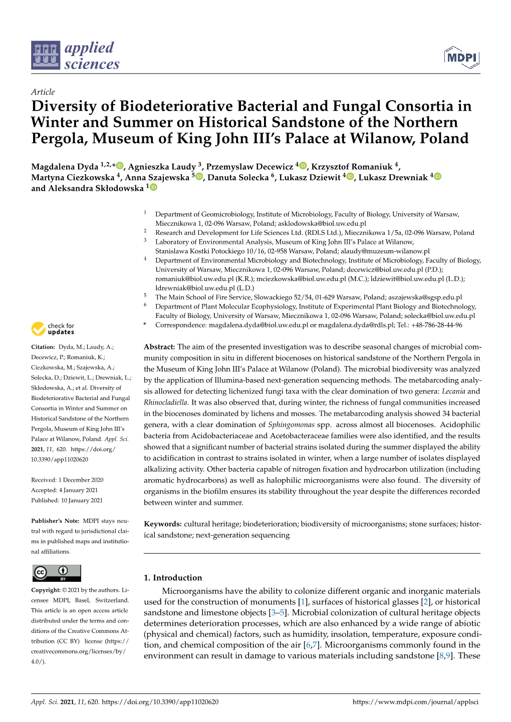 Diversity of Biodeteriorative Bacterial and Fungal Consortia in Winter and Summer on Historical Sandstone of the Northern Pergol