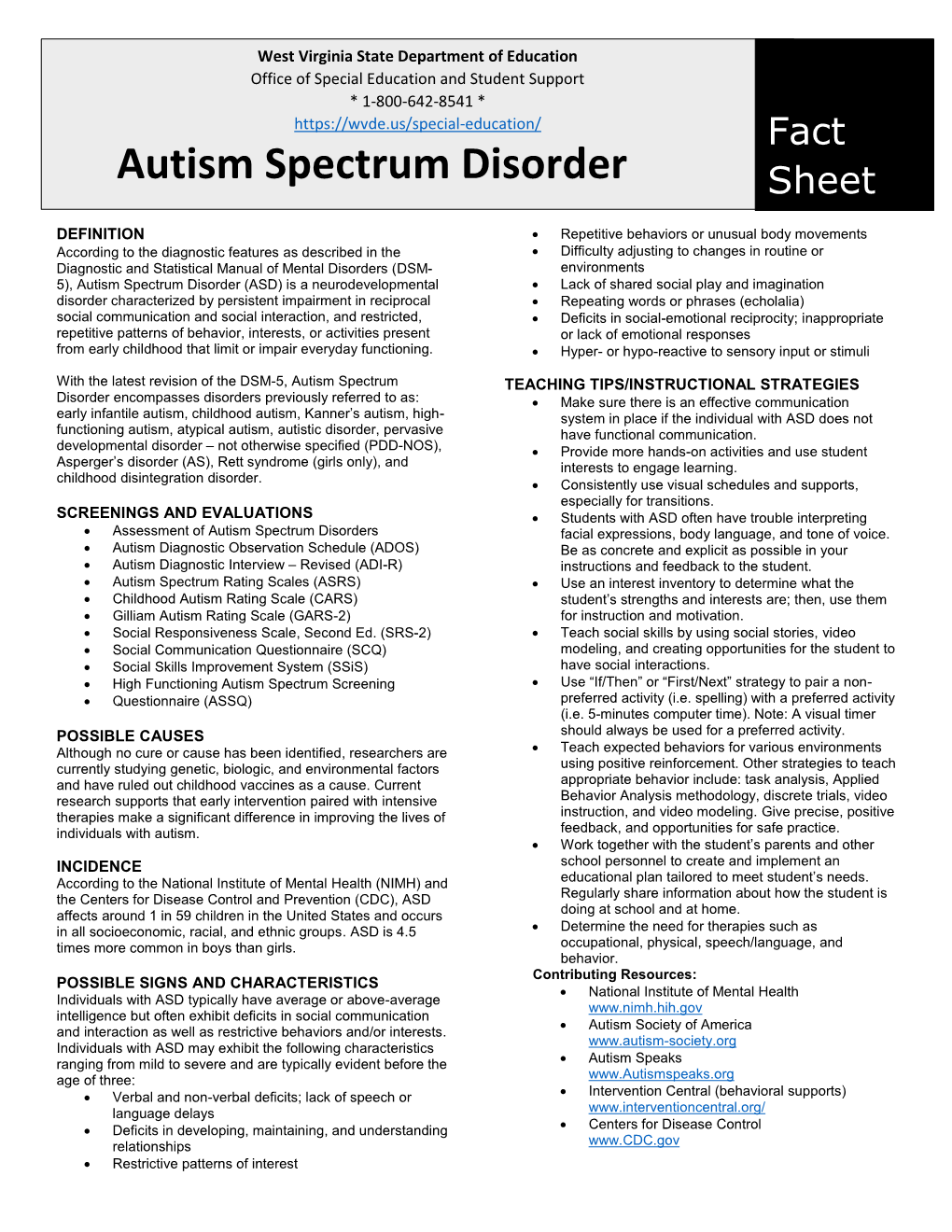 Autism Spectrum Disorder Sheet